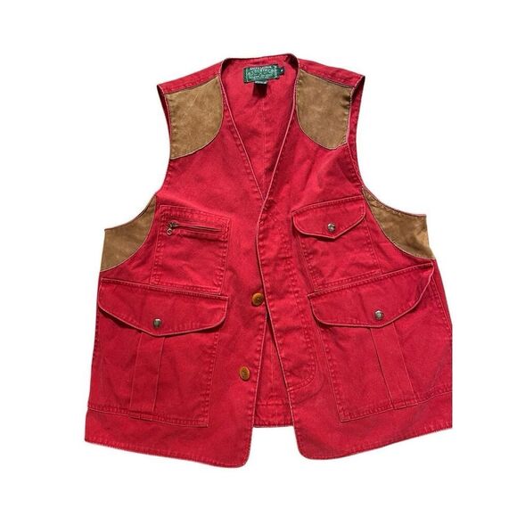 Vintage Ralph Lauren Country Red Cotton Denim Leather Trim Duck Hunt Vest Mens M - Picture 1 of 10